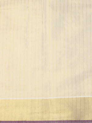 Golden Tissue Set Saree with Vertical Stripes, Golden Kasavu With Purple Border & Tassels
