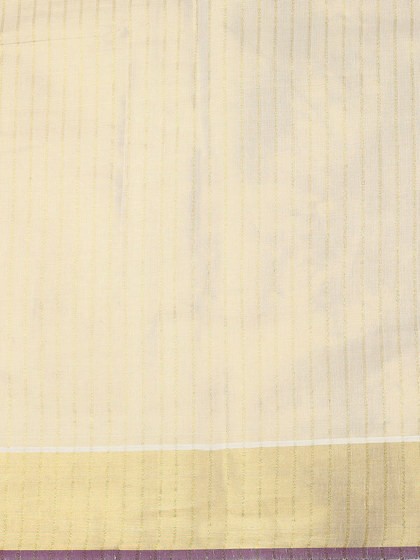 Golden Tissue Set Saree with Vertical Stripes, Golden Kasavu With Purple Border & Tassels