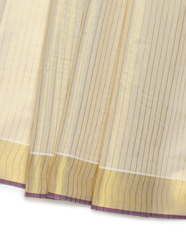 Golden Tissue Set Saree with Vertical Stripes, Golden Kasavu With Purple Border & Tassels