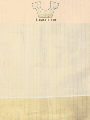 Golden Tissue Set Saree with Vertical Stripes, Golden Kasavu With Purple Border & Tassels