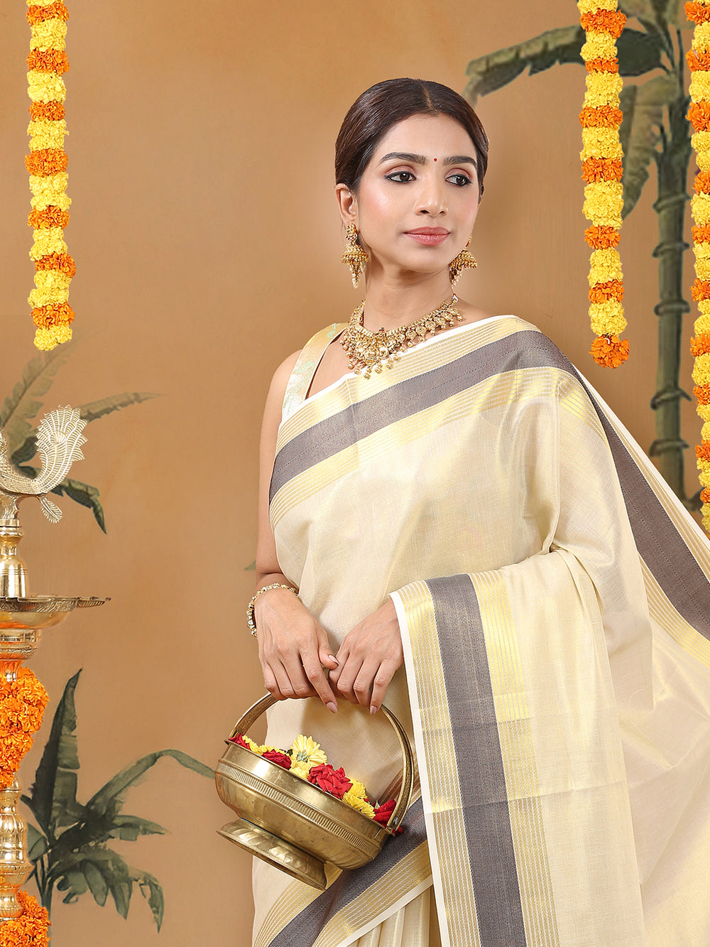 Golden Tissue Set Saree with Coffee Brown Border, Golden Stripes & Tassels