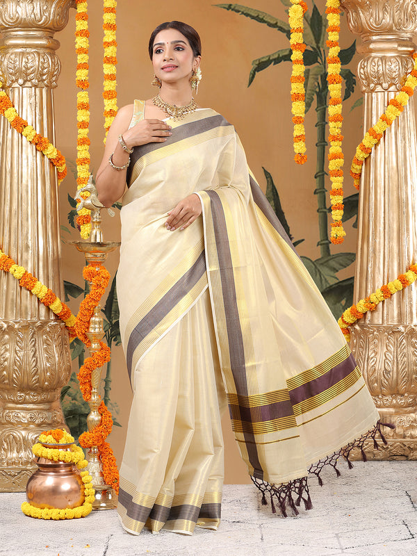 Golden Tissue Set Saree with Coffee Brown Border, Golden Stripes & Tassels