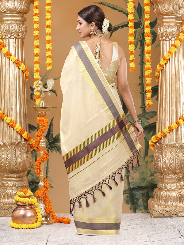 Golden Tissue Set Saree with Coffee Brown Border, Golden Stripes & Tassels