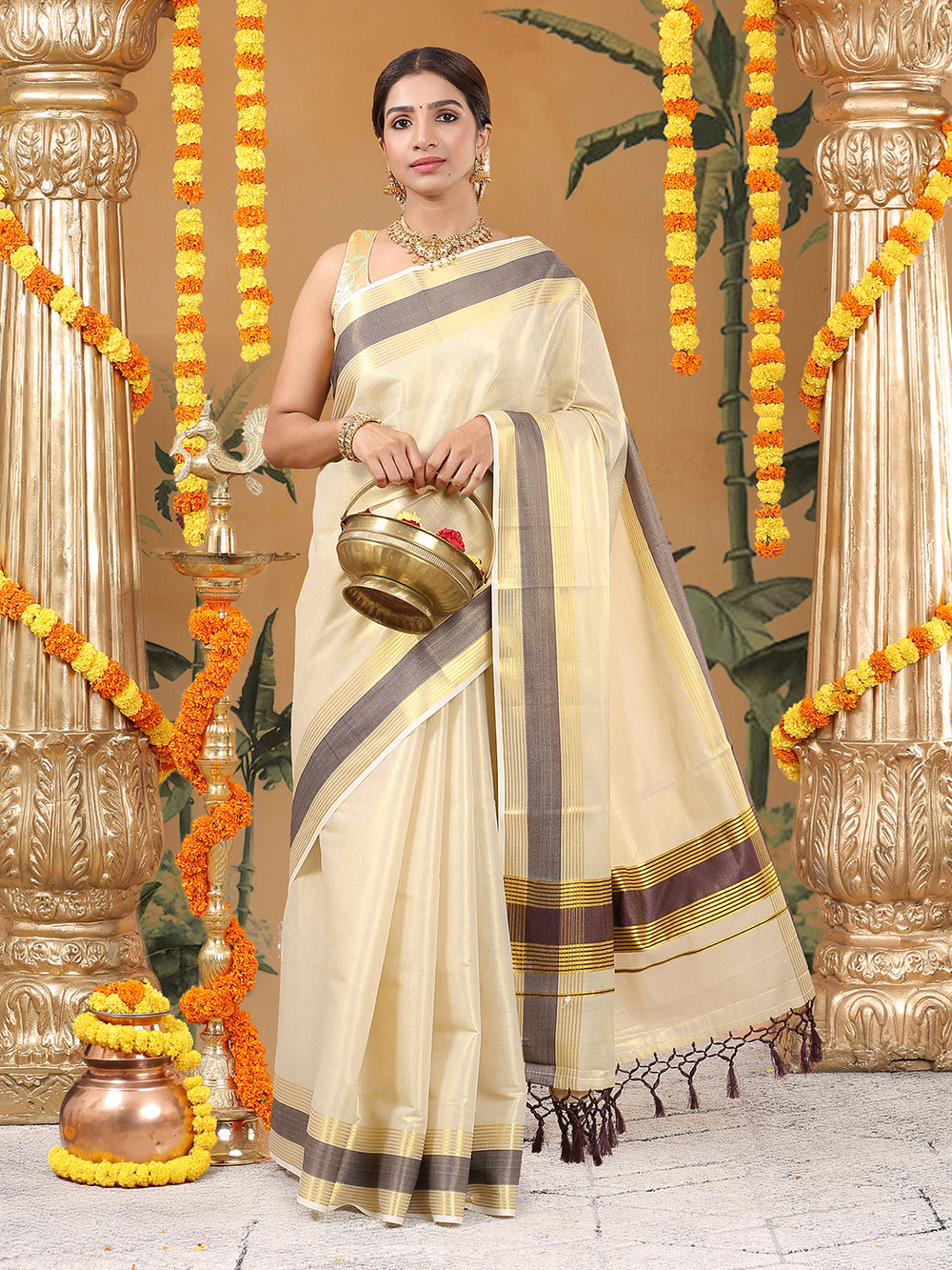 Golden Tissue Set Saree with Coffee Brown Border, Golden Stripes & Tassels
