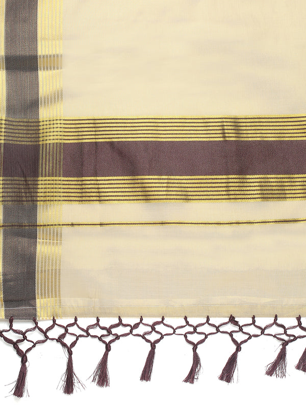 Golden Tissue Set Saree with Coffee Brown Border, Golden Stripes & Tassels