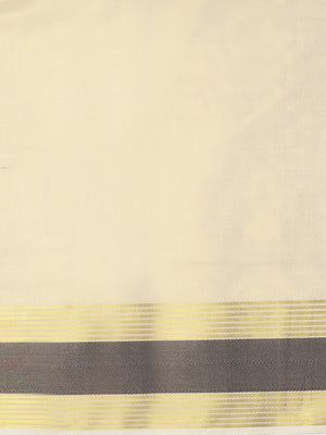 Golden Tissue Set Saree with Coffee Brown Border, Golden Stripes & Tassels