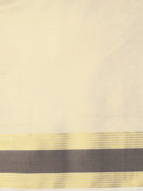 Golden Tissue Set Saree with Coffee Brown Border, Golden Stripes & Tassels