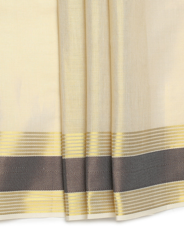 Golden Tissue Set Saree with Coffee Brown Border, Golden Stripes & Tassels