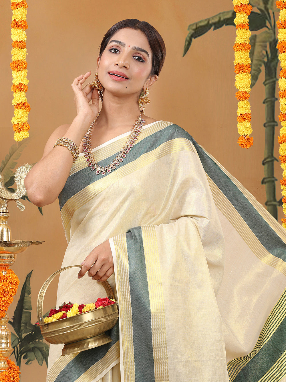 Golden Tissue Set Saree with Bottle Green Border, Golden Stripes & Tassels
