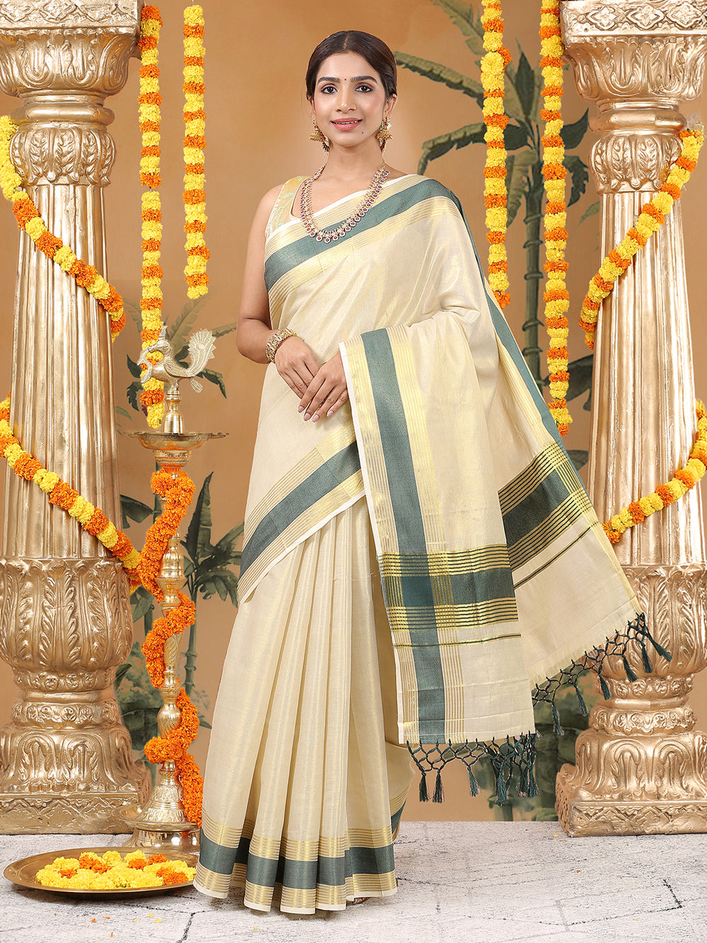 Golden Tissue Set Saree with Bottle Green Border, Golden Stripes & Tassels