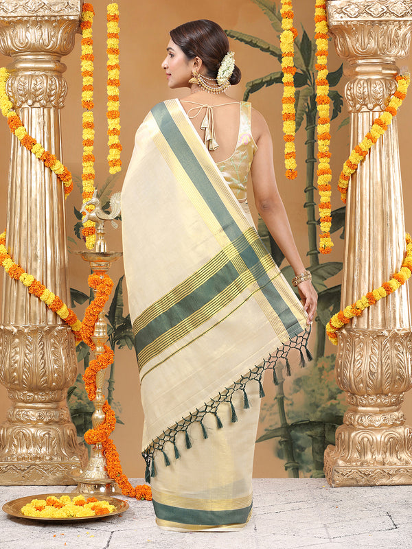 Golden Tissue Set Saree with Bottle Green Border, Golden Stripes & Tassels