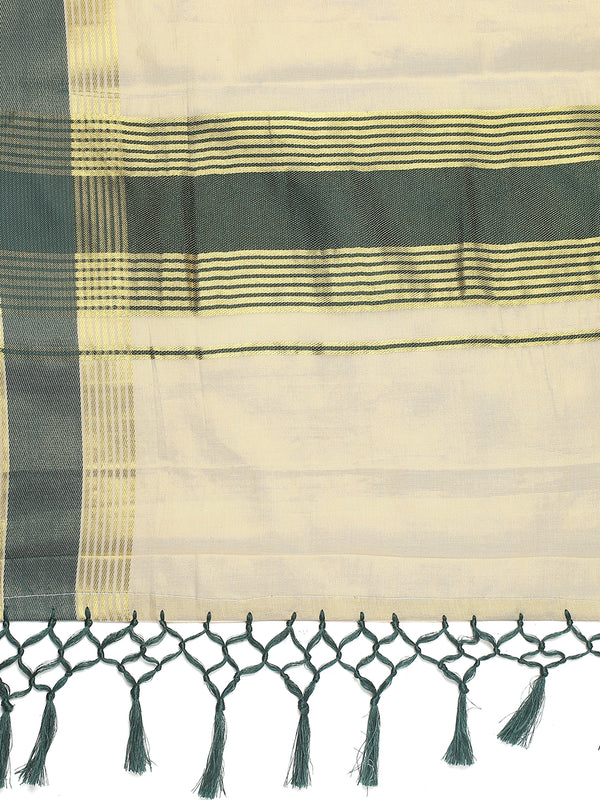 Golden Tissue Set Saree with Bottle Green Border, Golden Stripes & Tassels