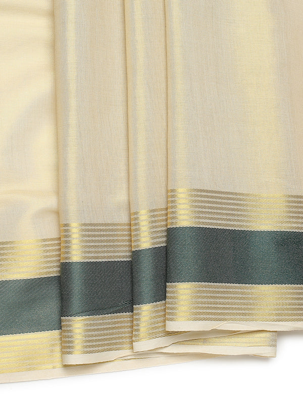 Golden Tissue Set Saree with Bottle Green Border, Golden Stripes & Tassels