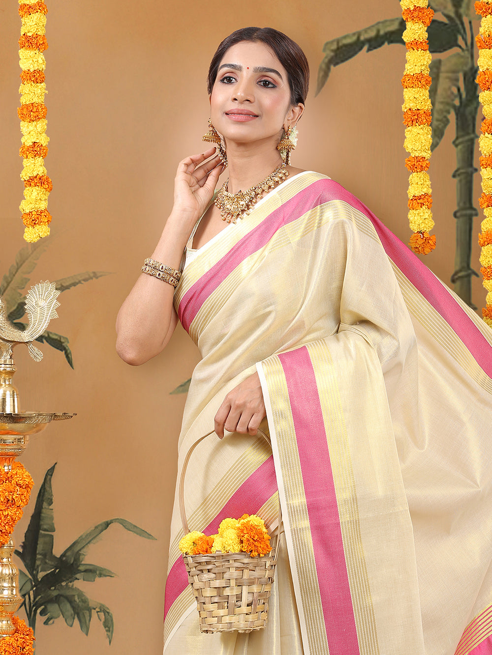 Golden Tissue Set Saree with Radiant Pink Border, Golden Stripes & Tassels