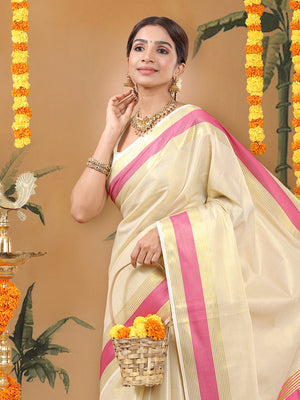 Golden Tissue Set Saree with Radiant Pink Border, Golden Stripes & Tassels