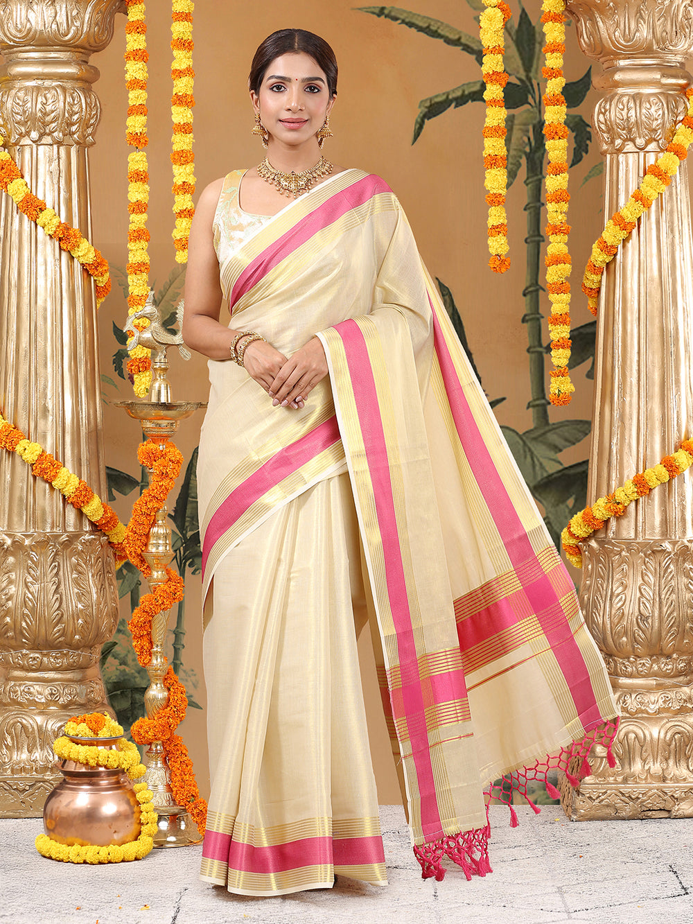 Golden Tissue Set Saree with Radiant Pink Border, Golden Stripes & Tassels