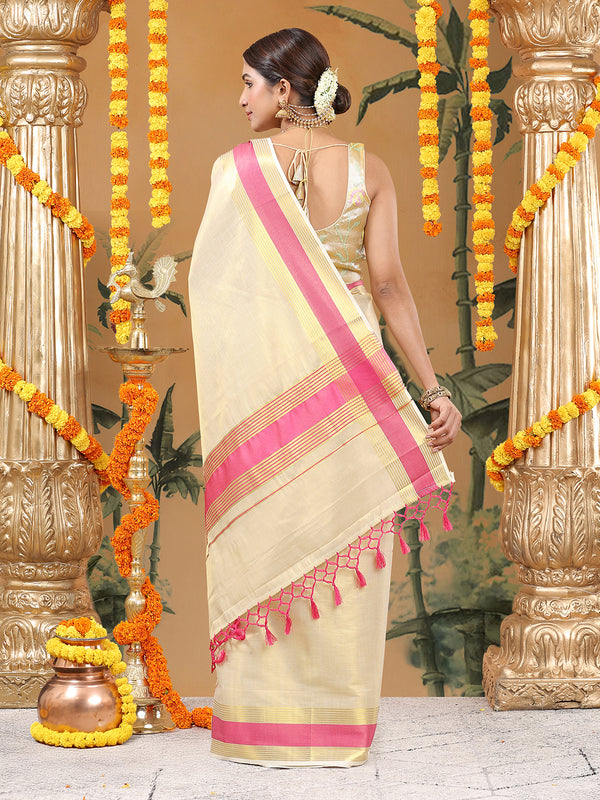 Golden Tissue Set Saree with Radiant Pink Border, Golden Stripes & Tassels