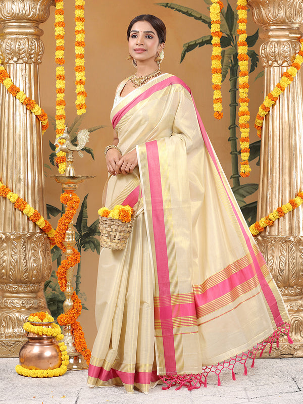 Golden Tissue Set Saree with Radiant Pink Border, Golden Stripes & Tassels