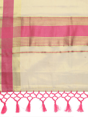Golden Tissue Set Saree with Radiant Pink Border, Golden Stripes & Tassels
