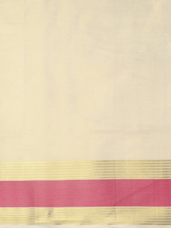 Golden Tissue Set Saree with Radiant Pink Border, Golden Stripes & Tassels
