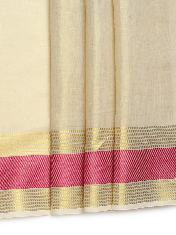 Golden Tissue Set Saree with Radiant Pink Border, Golden Stripes & Tassels