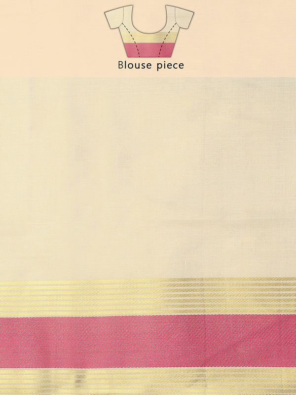 Golden Tissue Set Saree with Radiant Pink Border, Golden Stripes & Tassels