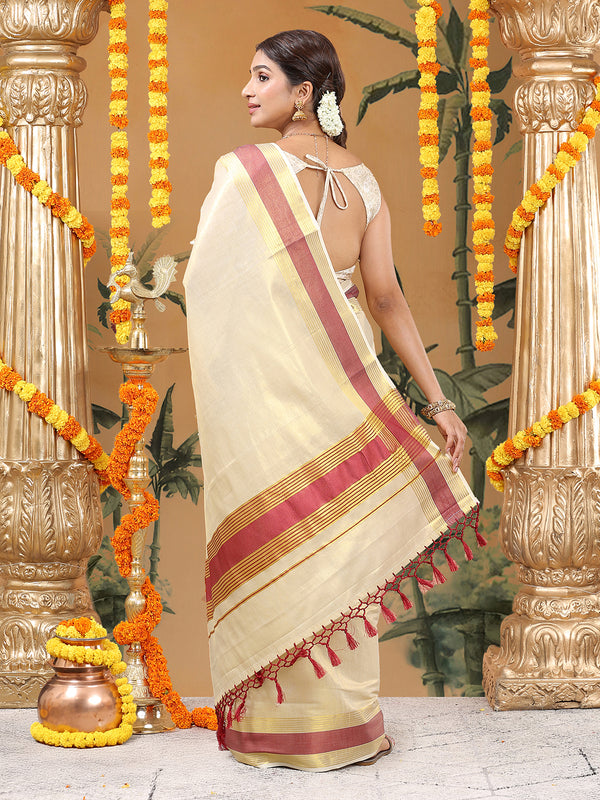Golden Tissue Saree with Red Zari Borders & Red Tassels