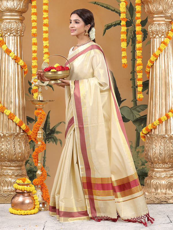 Golden Tissue Saree with Red Zari Borders & Red Tassels