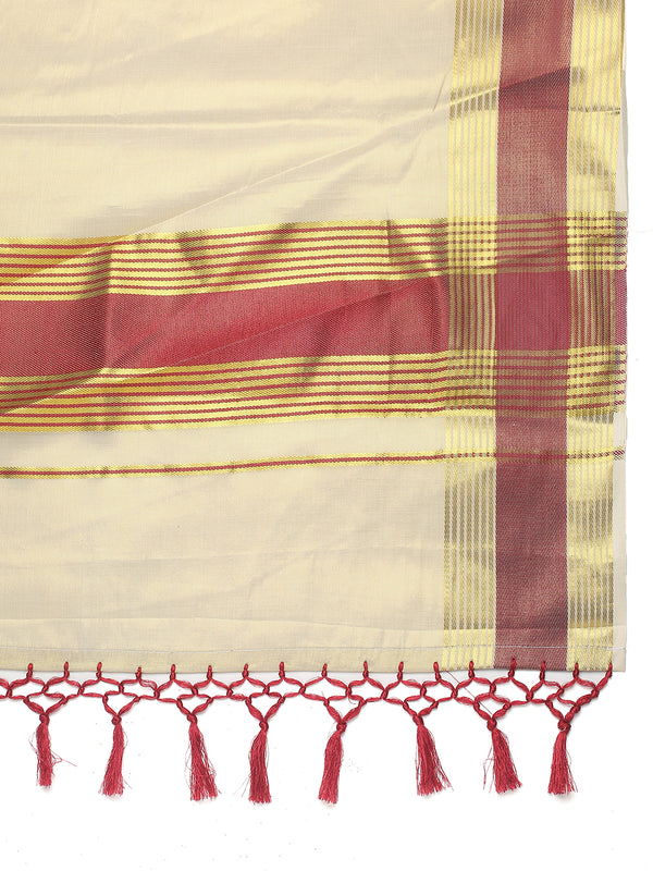 Golden Tissue Saree with Red Zari Borders & Red Tassels