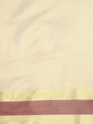 Golden Tissue Saree with Red Zari Borders & Red Tassels