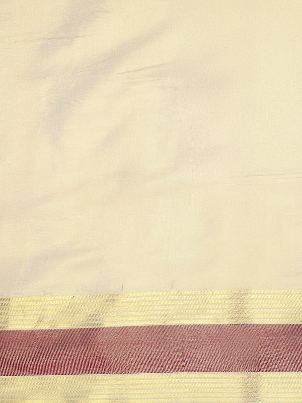 Golden Tissue Saree with Red Zari Borders & Red Tassels
