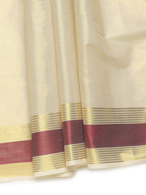 Golden Tissue Saree with Red Zari Borders & Red Tassels