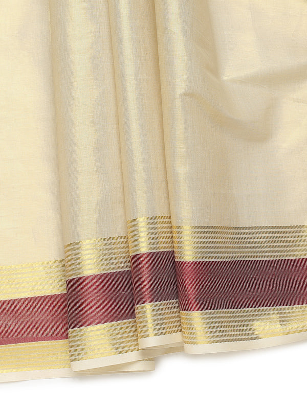 Golden Tissue Saree with Red Zari Borders & Red Tassels