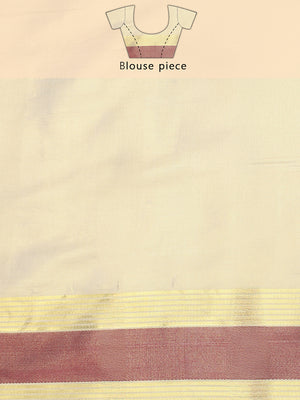 Golden Tissue Saree with Red Zari Borders & Red Tassels