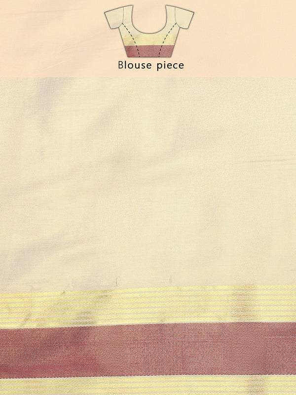 Golden Tissue Saree with Red Zari Borders & Red Tassels