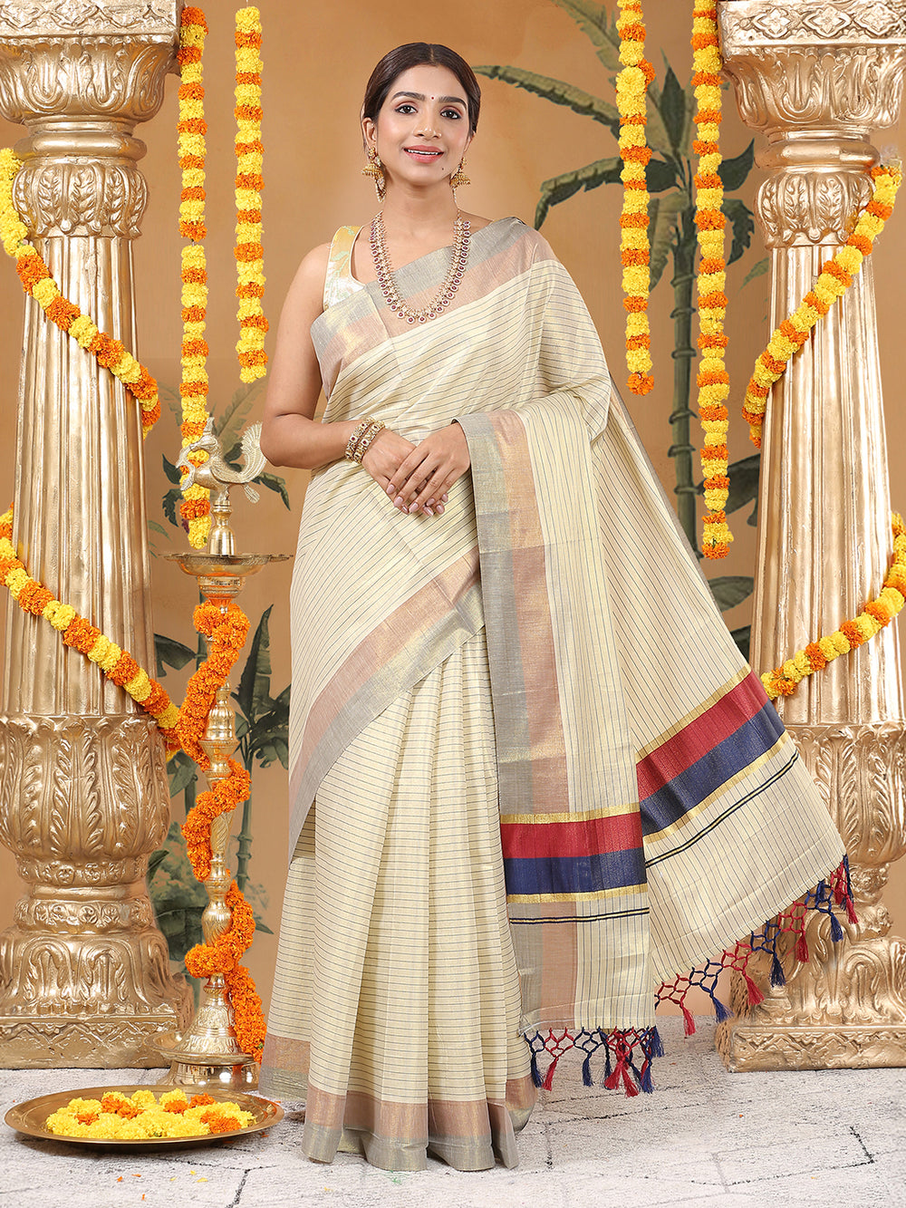 Golden Tissue Saree with Navy-Red Stripe Design & Tassels on Pallu