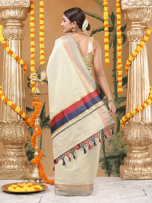 Golden Tissue Saree with Navy-Red Stripe Design & Tassels on Pallu