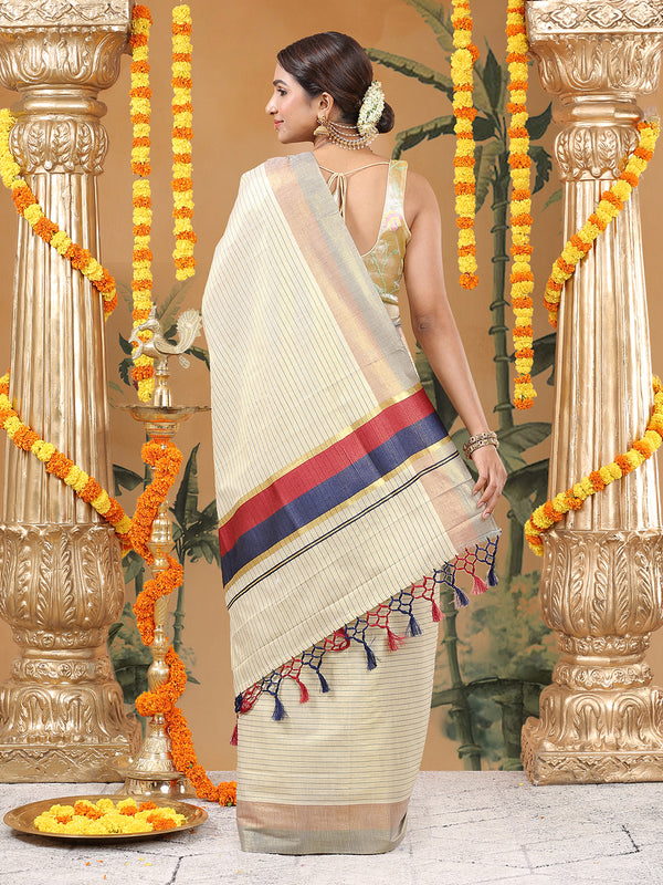 Golden Tissue Saree with Navy-Red Stripe Design & Tassels on Pallu
