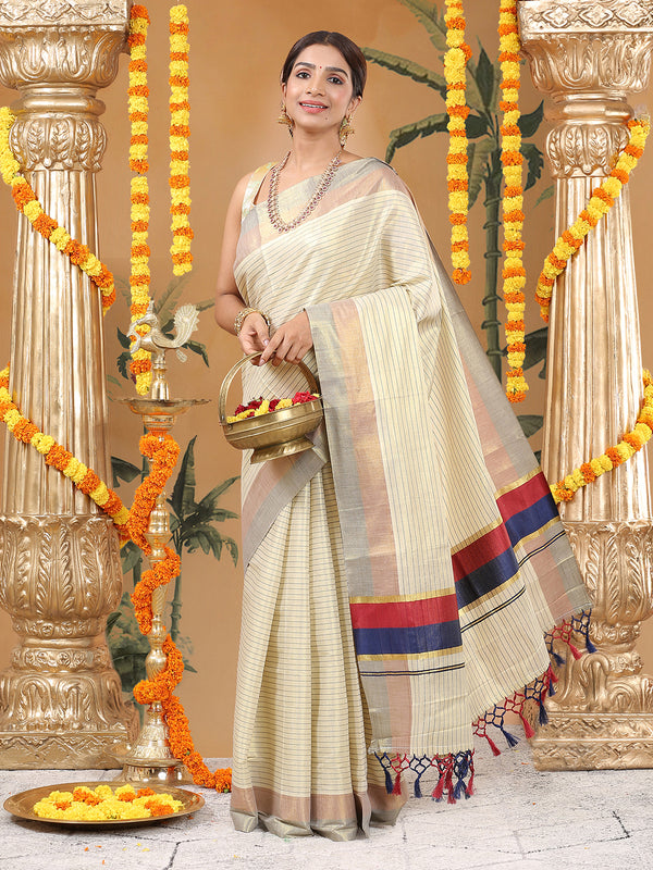 Golden Tissue Saree with Navy-Red Stripe Design & Tassels on Pallu