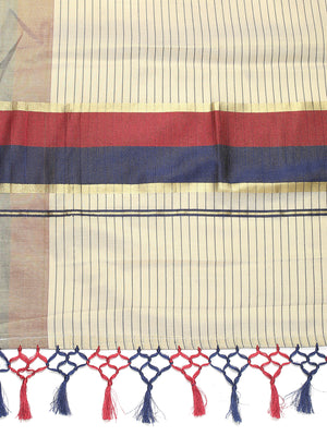 Golden Tissue Saree with Navy-Red Stripe Design & Tassels on Pallu