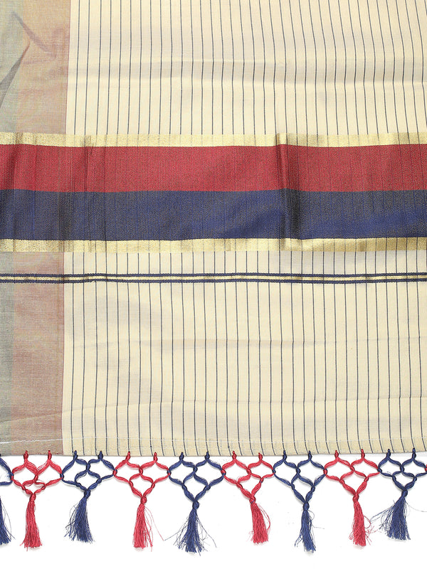 Golden Tissue Saree with Navy-Red Stripe Design & Tassels on Pallu