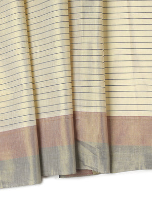 Golden Tissue Saree with Navy-Red Stripe Design & Tassels on Pallu