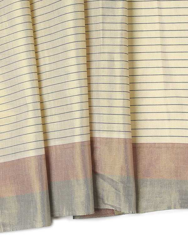 Golden Tissue Saree with Navy-Red Stripe Design & Tassels on Pallu