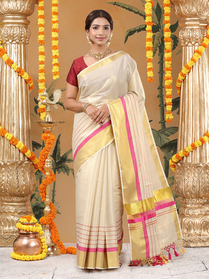 Golden Tissue Set Saree with Golden With Pink Dual Kasavu Layered Border And Pink & Cream Tassels
