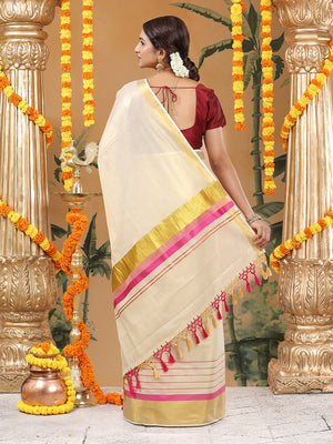 Golden Tissue Set Saree with Golden With Pink Dual Kasavu Layered Border And Pink & Cream Tassels