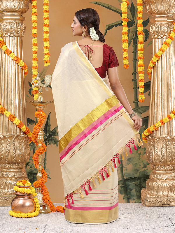 Golden Tissue Set Saree with Golden With Pink Dual Kasavu Layered Border And Pink & Cream Tassels