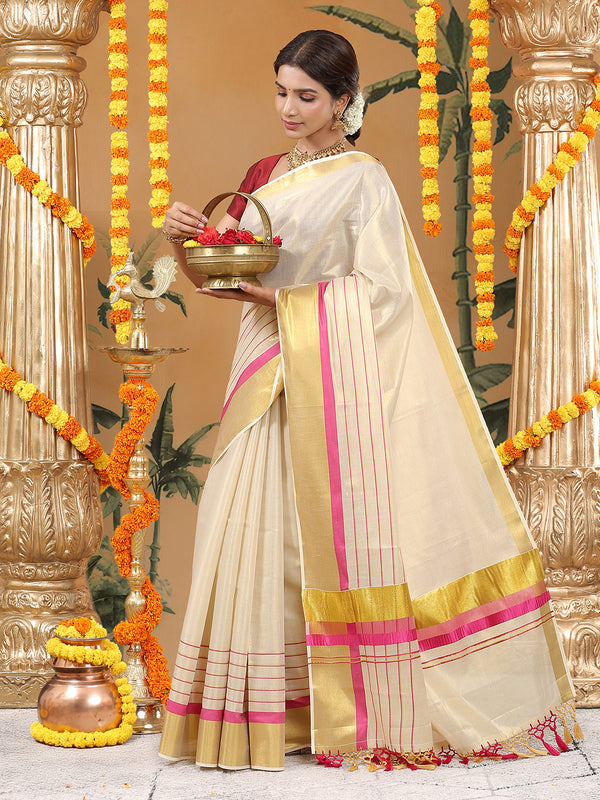Golden Tissue Set Saree with Golden With Pink Dual Kasavu Layered Border And Pink & Cream Tassels