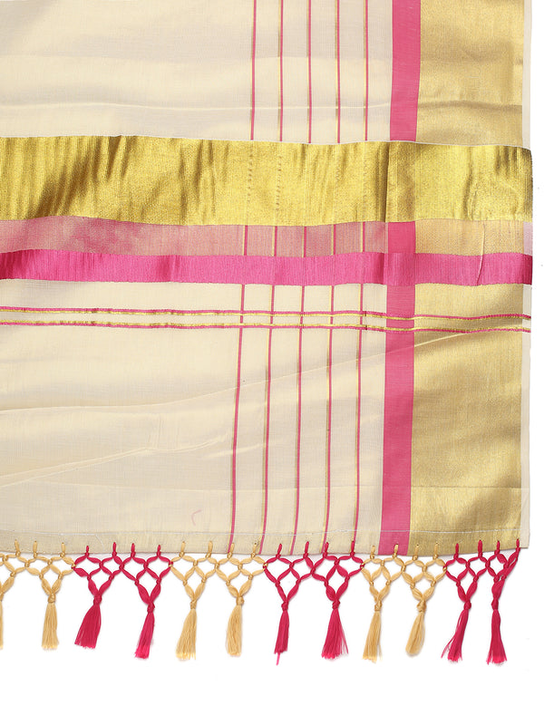 Golden Tissue Set Saree with Golden With Pink Dual Kasavu Layered Border And Pink & Cream Tassels