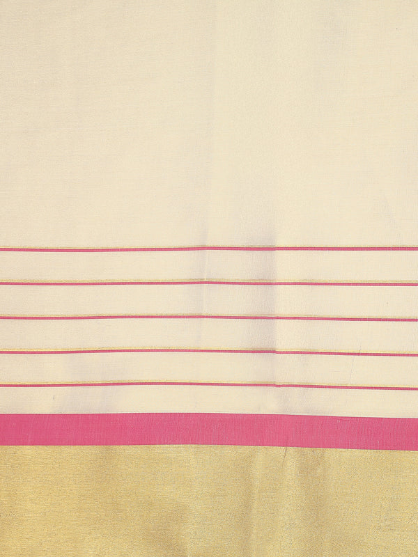 Golden Tissue Set Saree with Golden With Pink Dual Kasavu Layered Border And Pink & Cream Tassels