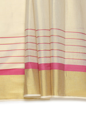 Golden Tissue Set Saree with Golden With Pink Dual Kasavu Layered Border And Pink & Cream Tassels